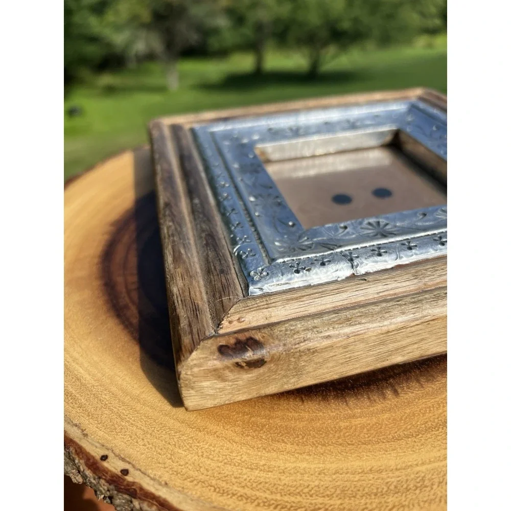 Leo Arts India 8x8 Mango Wood 4x4 Picture Frame Silver Embossed Rustic Boho